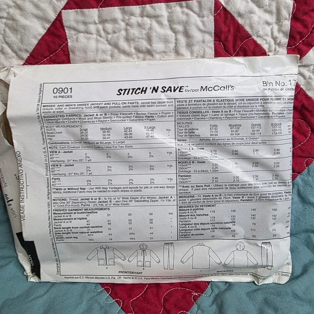 McCalls 0901 StitchNSave Unisex Fleece Jacket and Pants Sewing Pattern Size L-XL